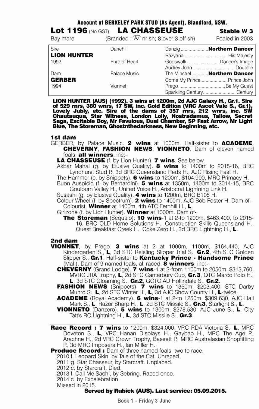 La Chasseuse (AUS) - pedigree