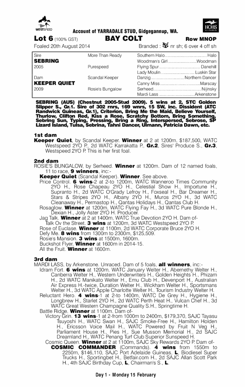 Sebring (AUS) / Keeper Quiet (AUS) - pedigree