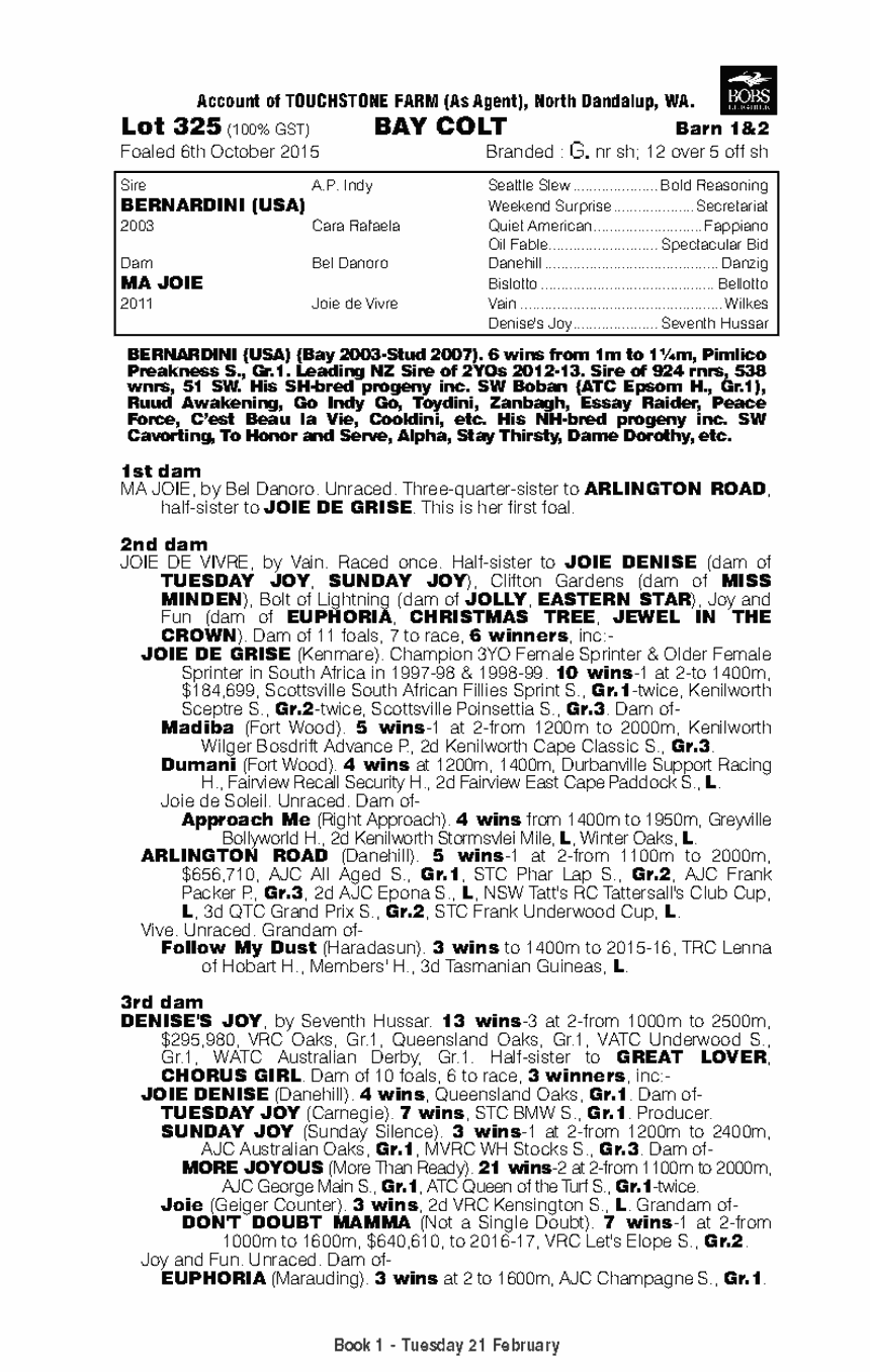 Bernardini (USA) / Ma Joie (AUS) - pedigree
