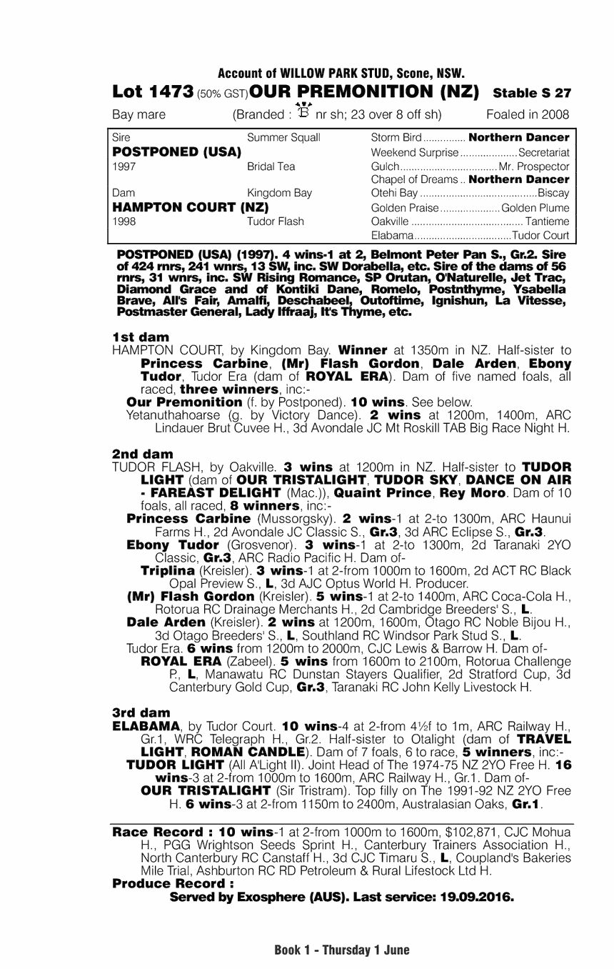 Our Premonition (NZ) - pedigree