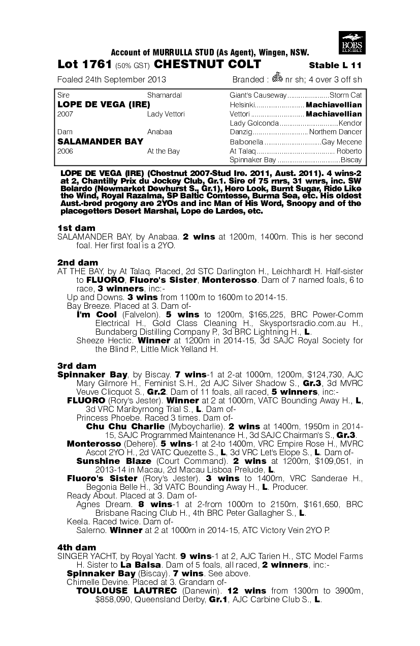 Lope De Vega (IRE) / Salamander Bay (AUS) - pedigree