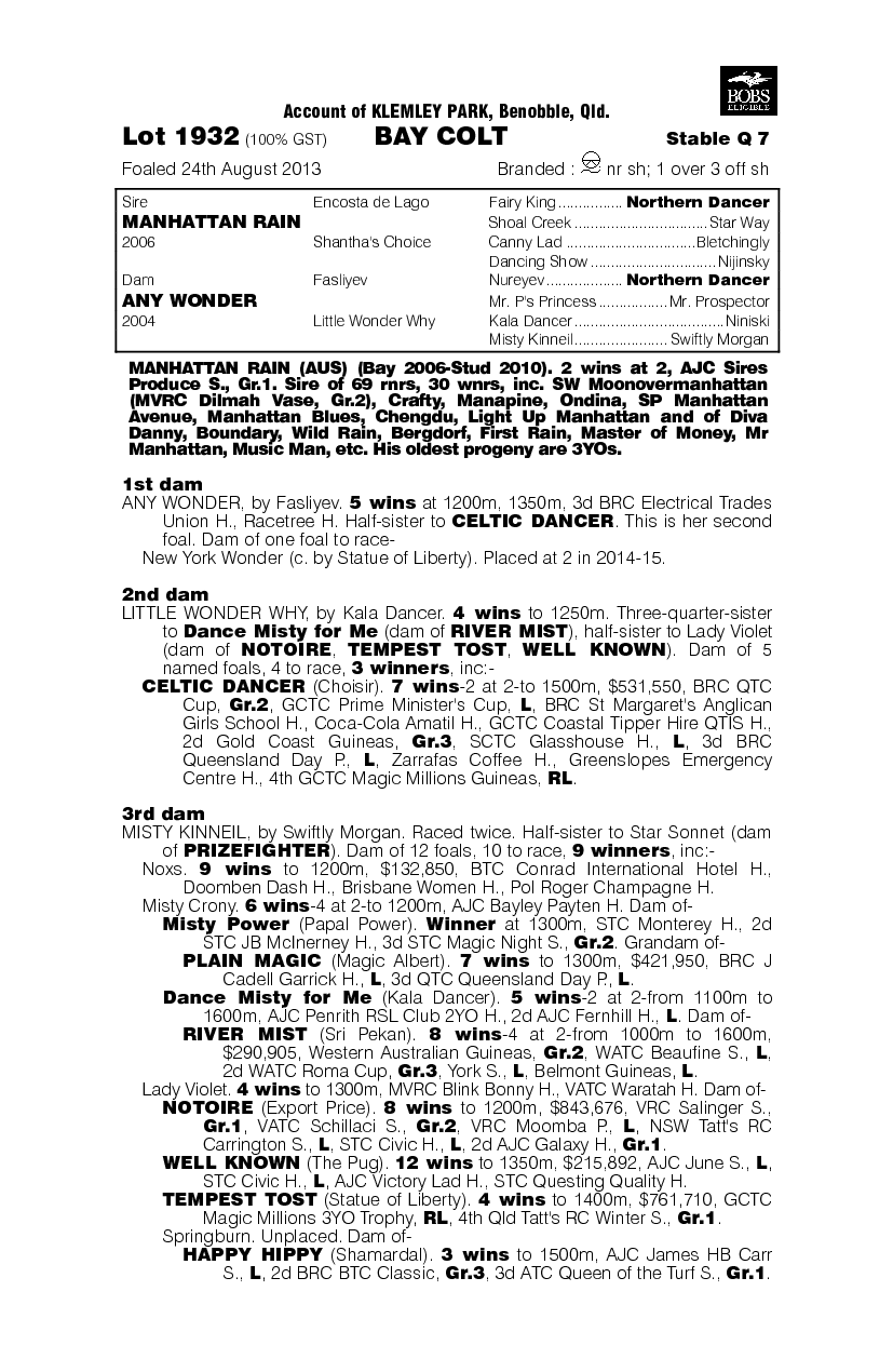 Manhattan Rain (AUS) / Any Wonder (AUS) - pedigree
