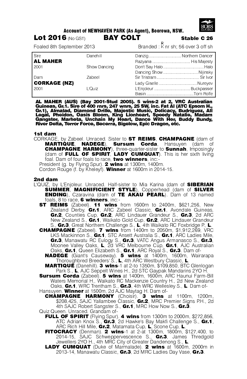 Al Maher (AUS) / Corkage (NZ) - pedigree