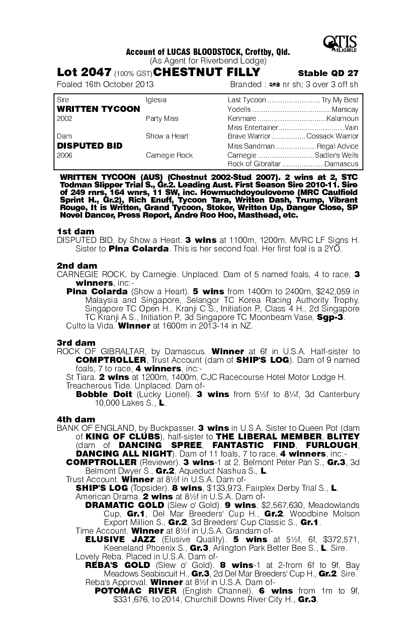Written Tycoon (AUS) / Disputed Bid (AUS) - pedigree