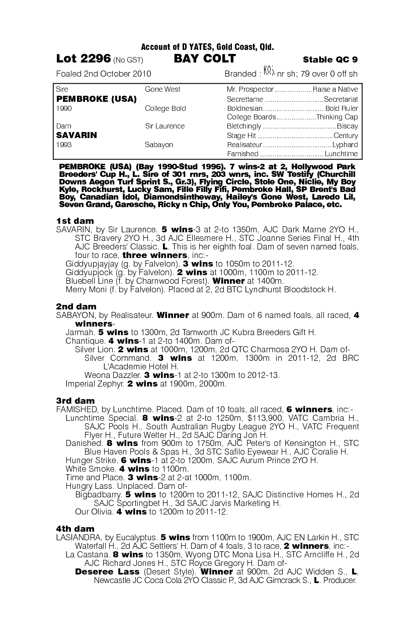 Pembroke (USA) / Savarin (AUS) - pedigree