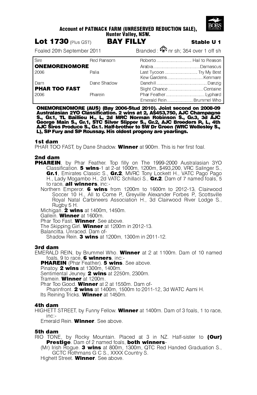 Onemorenomore (AUS) / Phar Too Fast (AUS) - pedigree