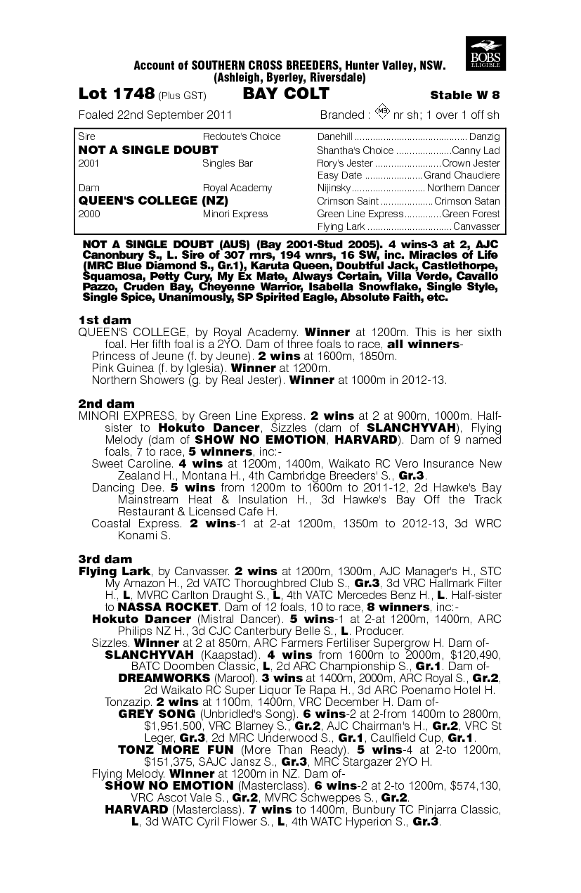 Not A Single Doubt (AUS) / Queen's College (NZ) - pedigree