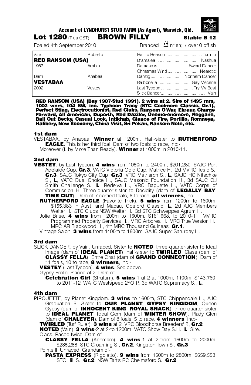 Red Ransom (USA) / Vestabaa (AUS) - pedigree
