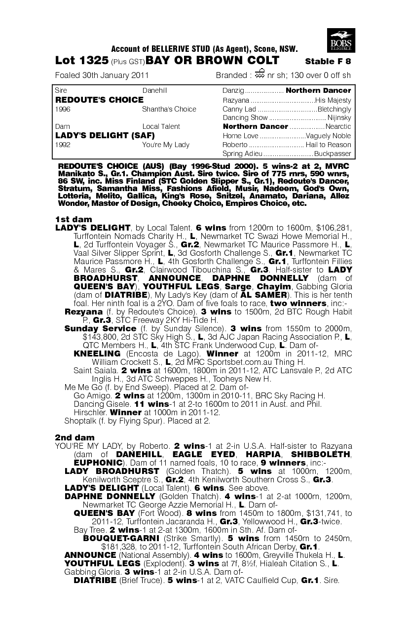 Redoute's Choice (AUS) / Lady's Delight (SAF) - pedigree