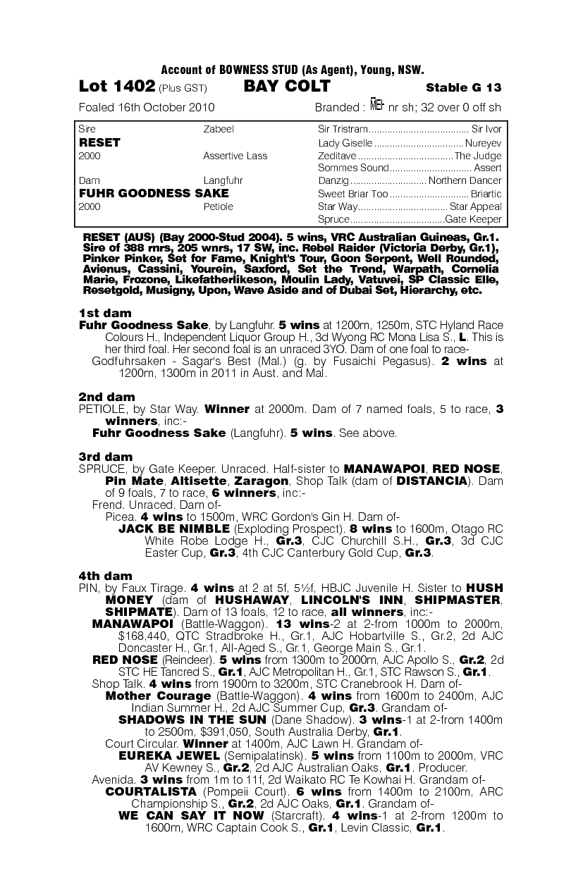 Reset (AUS) / Fuhr Goodness Sake (AUS) - pedigree