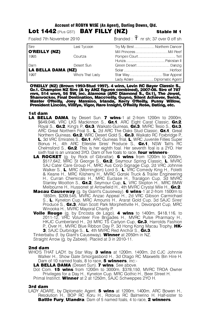 O'reilly (NZ) / La Bella Dama (NZ) - pedigree