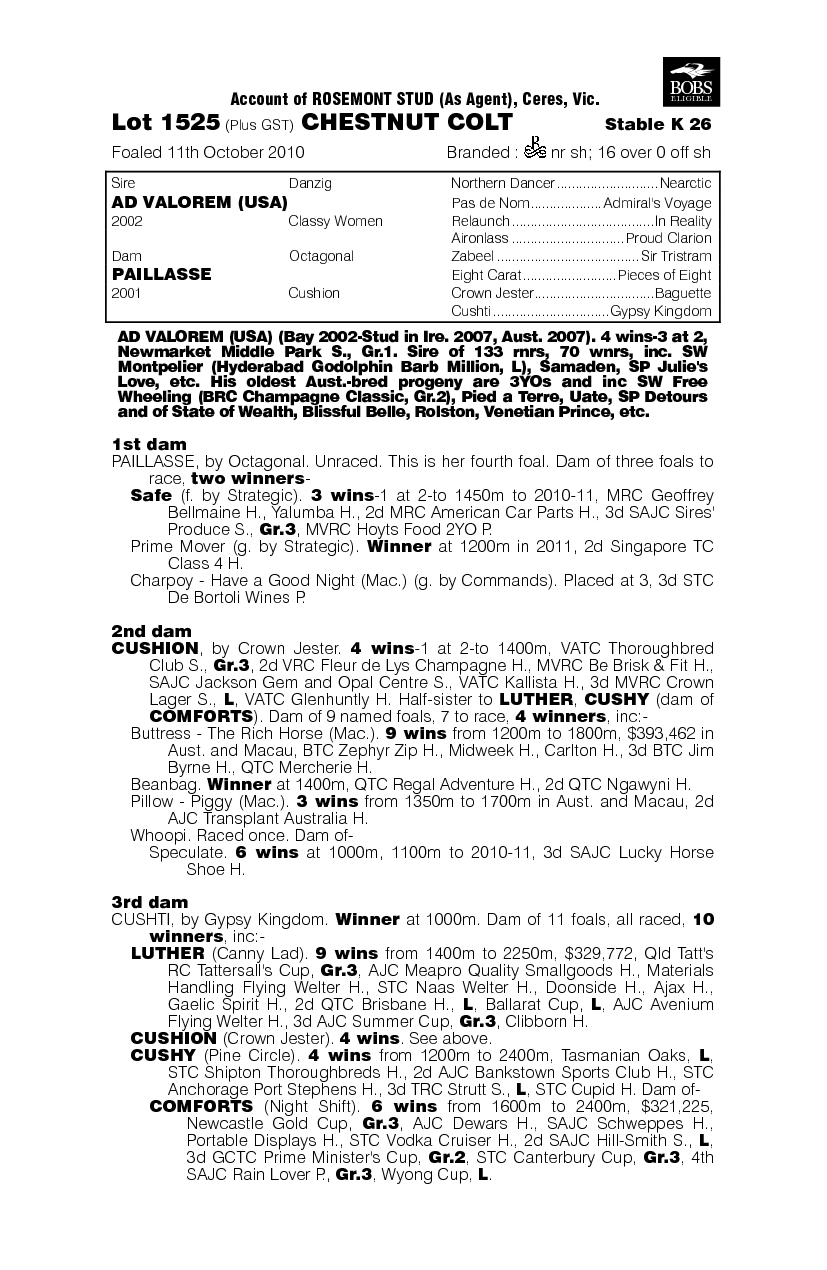 Ad Valorem (USA) / Paillasse (AUS) - pedigree