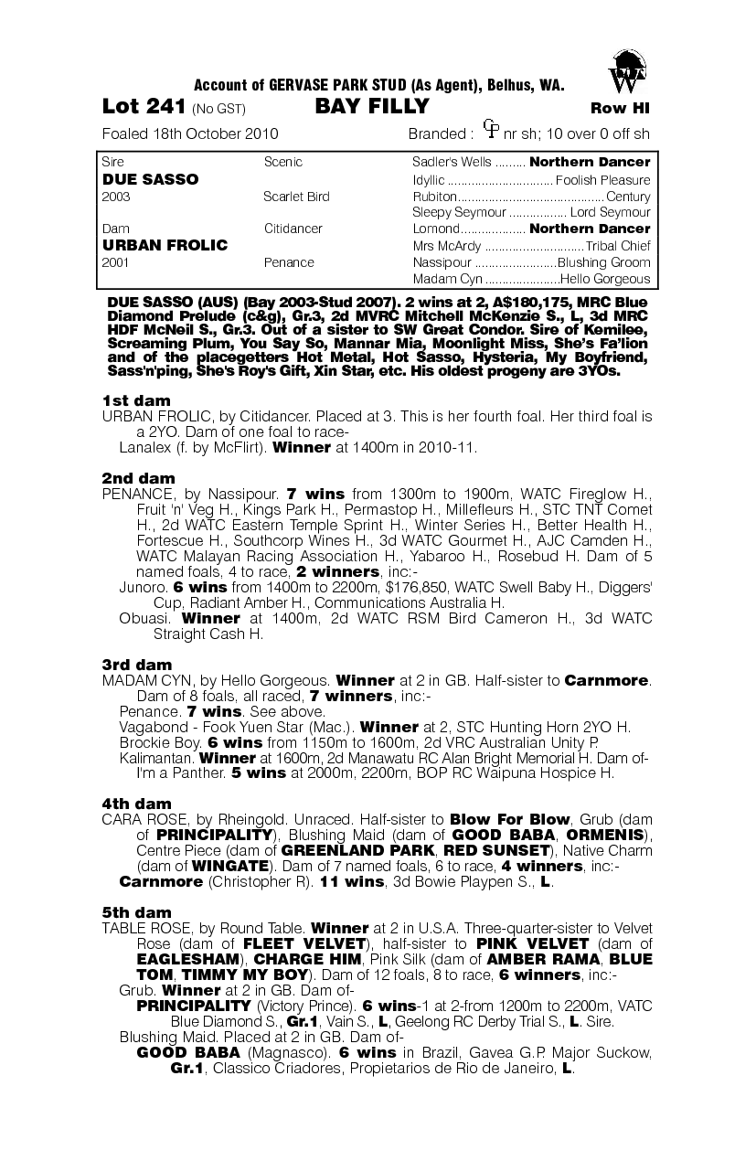 Due Sasso (AUS) / Urban Frolic (AUS) - pedigree