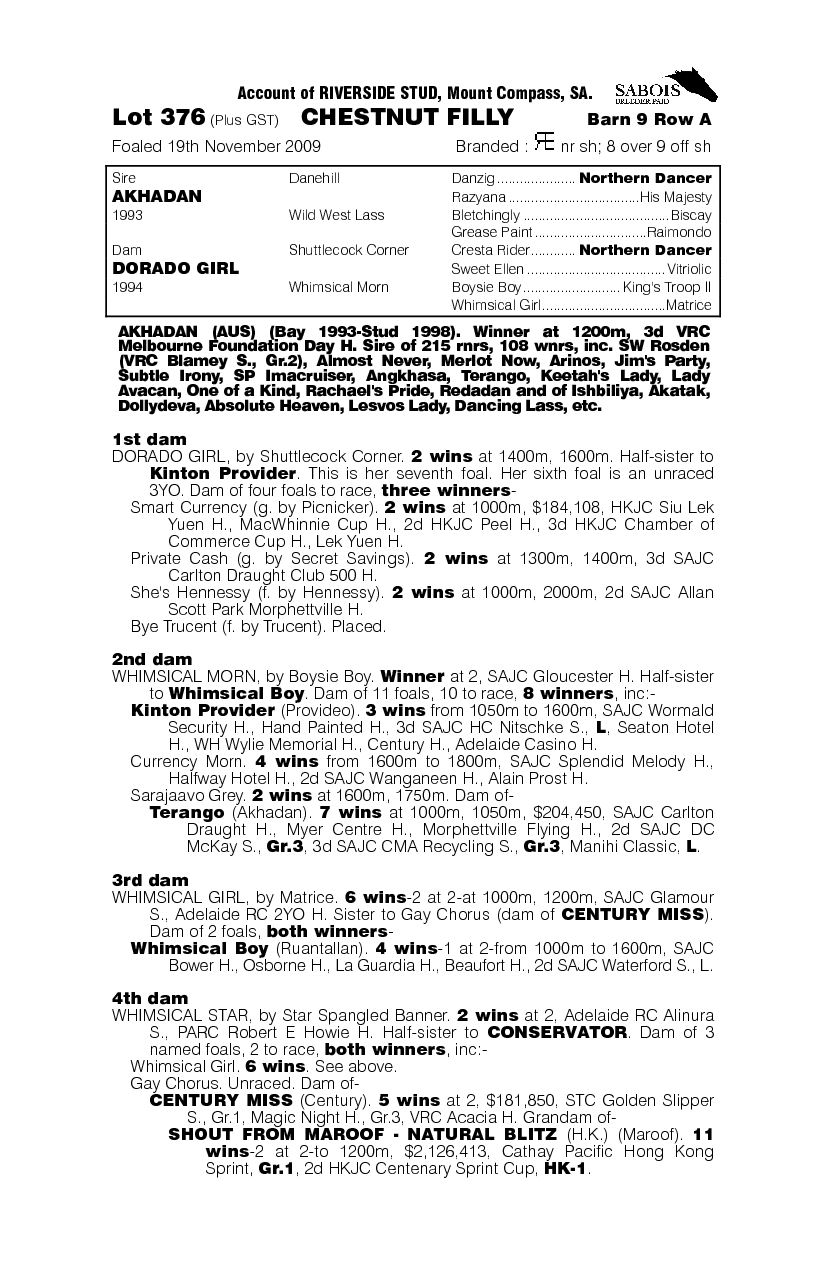 Akhadan (AUS) / Dorado Girl (AUS) - pedigree