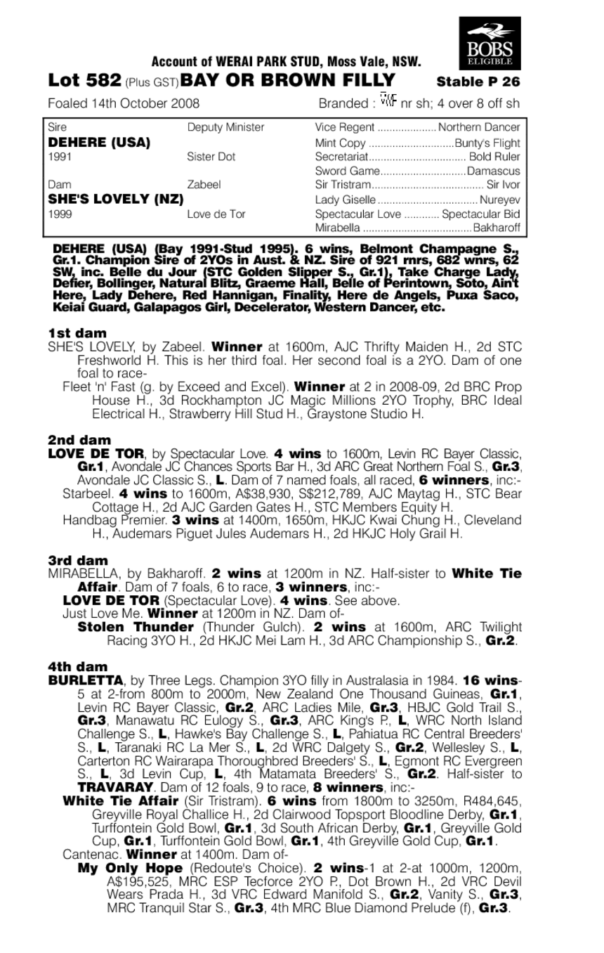 Dehere (USA) / She's Lovely (NZ) - pedigree