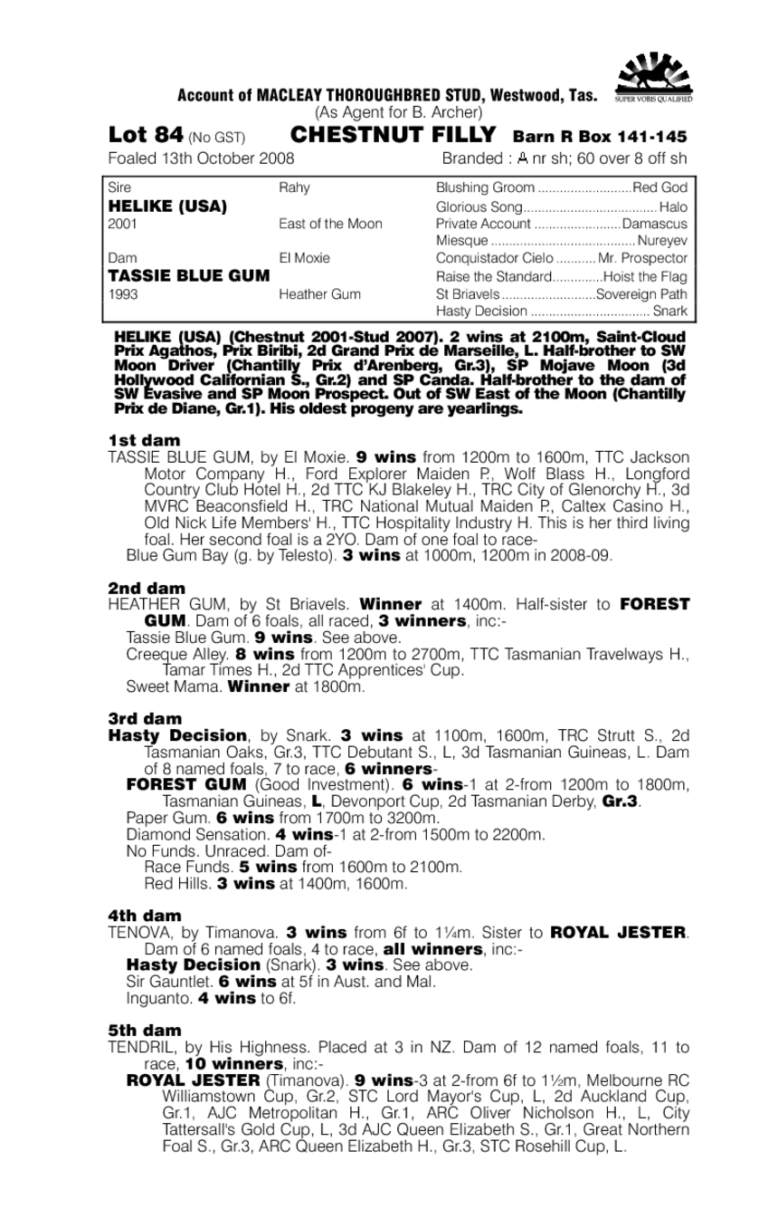 Helike (USA) / Tassie Blue Gum (AUS) - pedigree