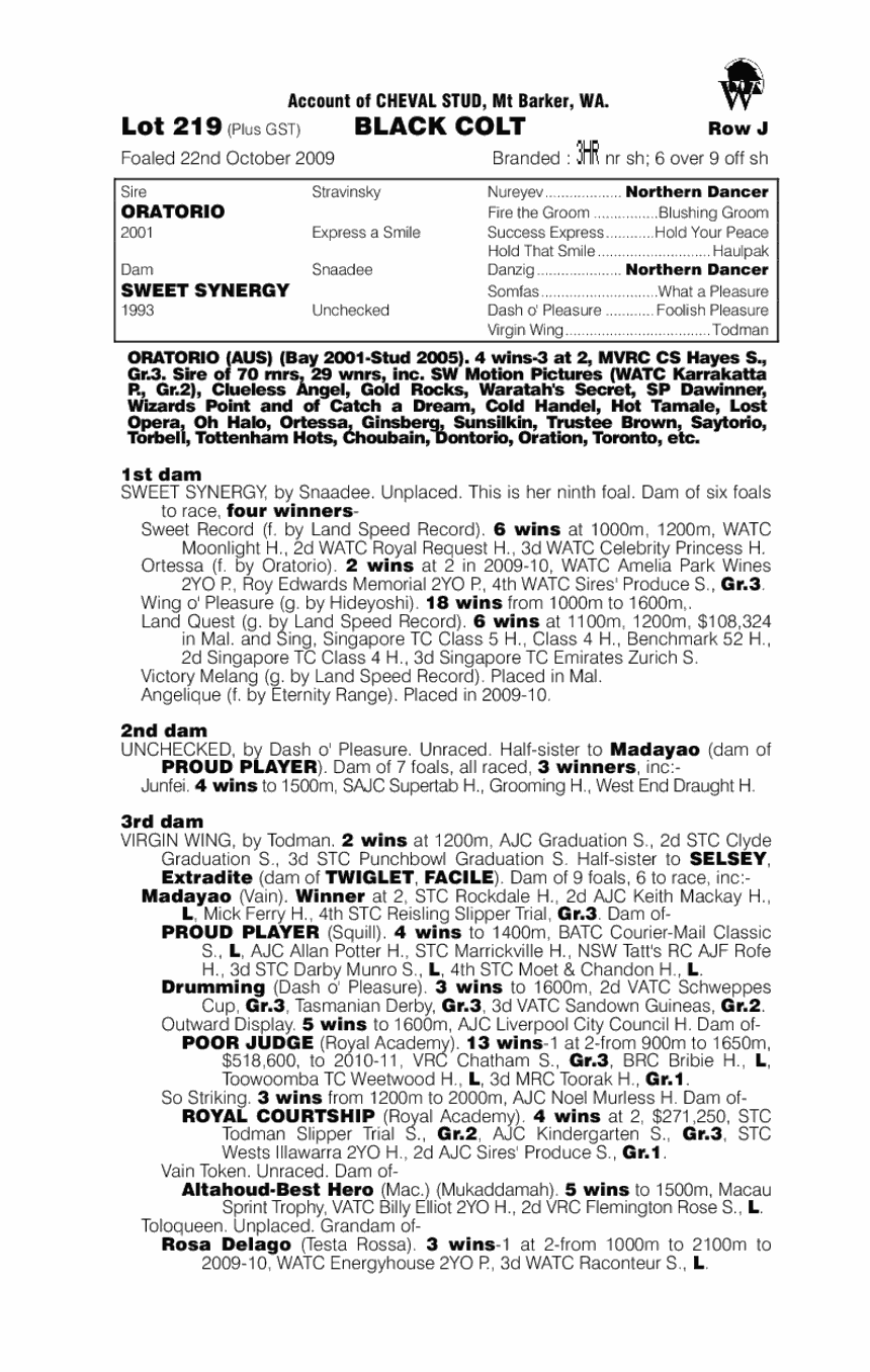 Oratorio (AUS) / Sweet Synergy (AUS) - pedigree