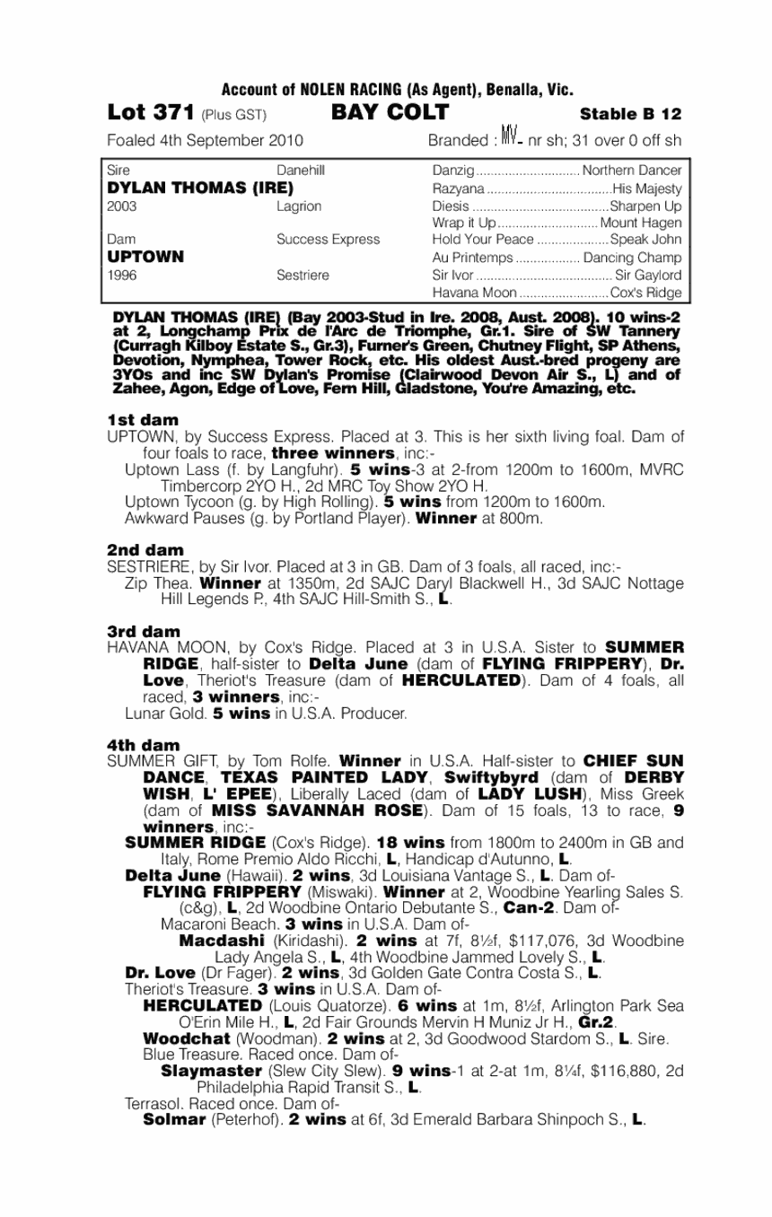 Dylan Thomas (IRE) / Uptown (AUS) - pedigree