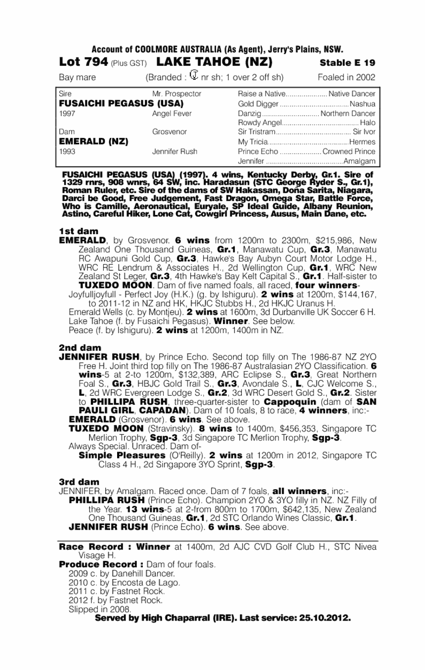 Lake Tahoe (NZ) - pedigree