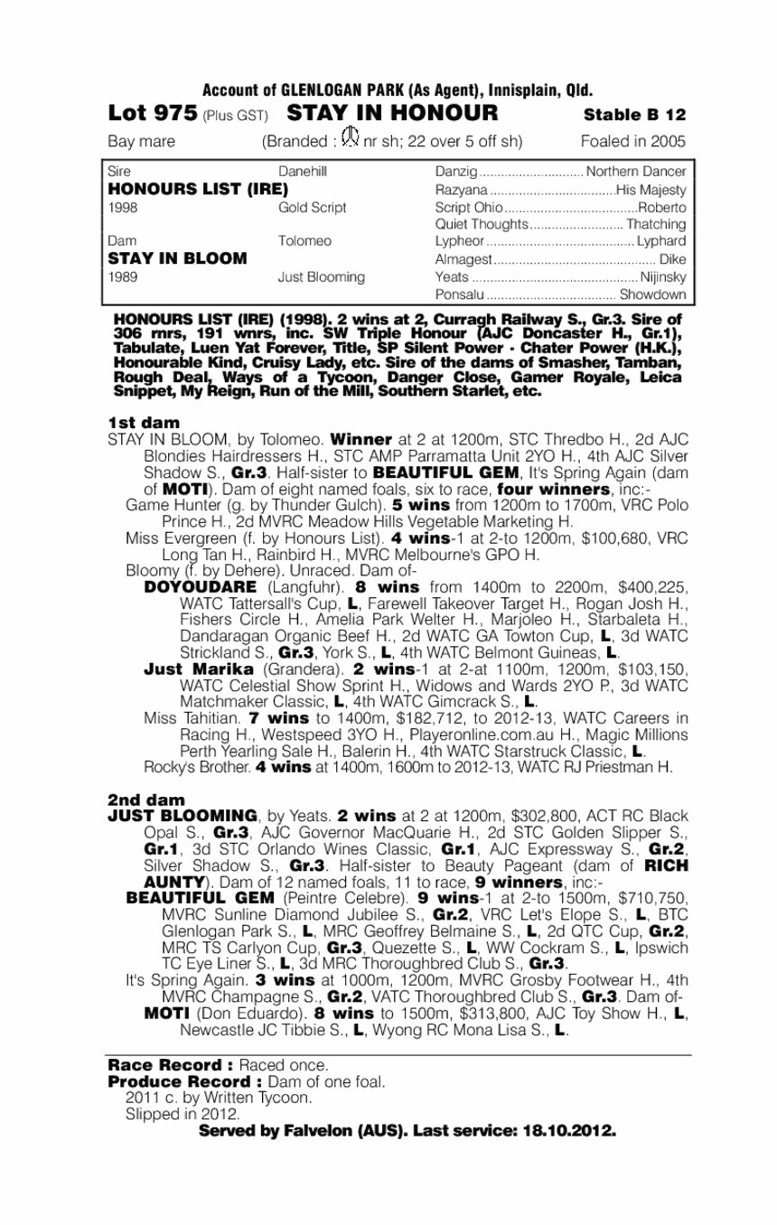 Stay In Honour - pedigree