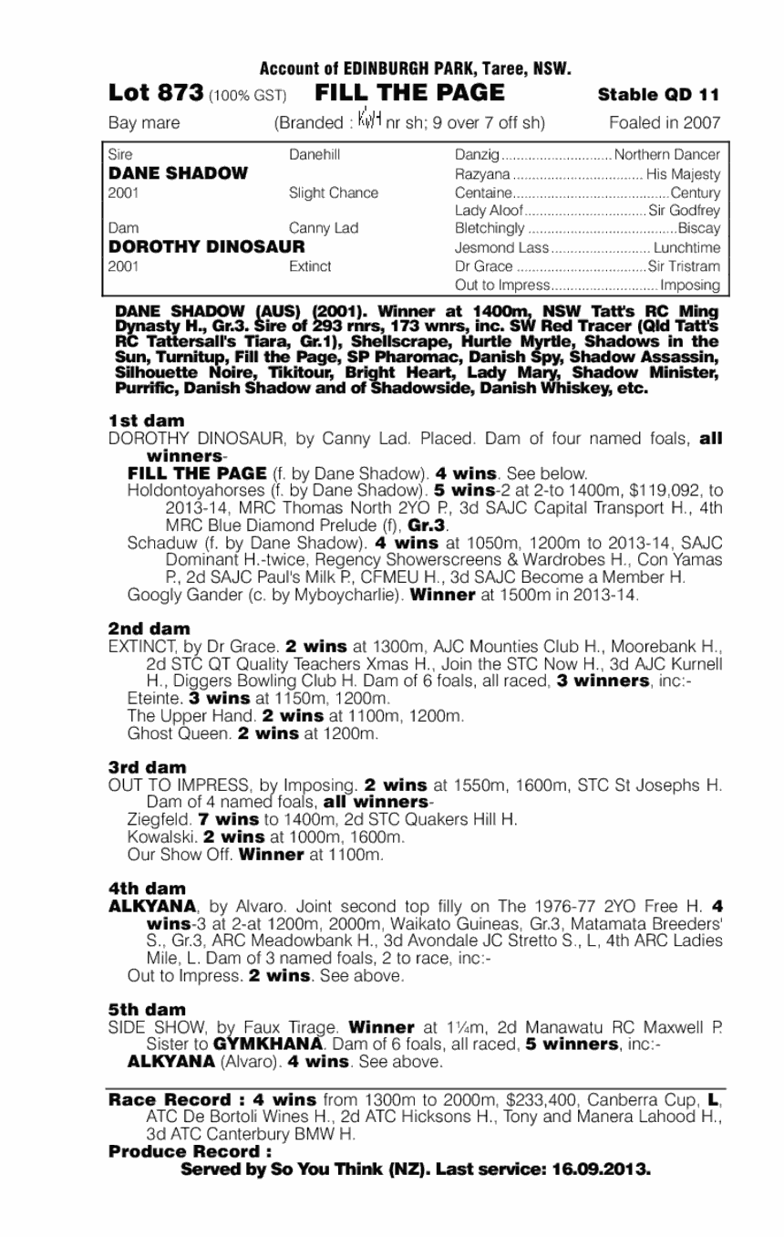 Fill the Page (AUS) - pedigree