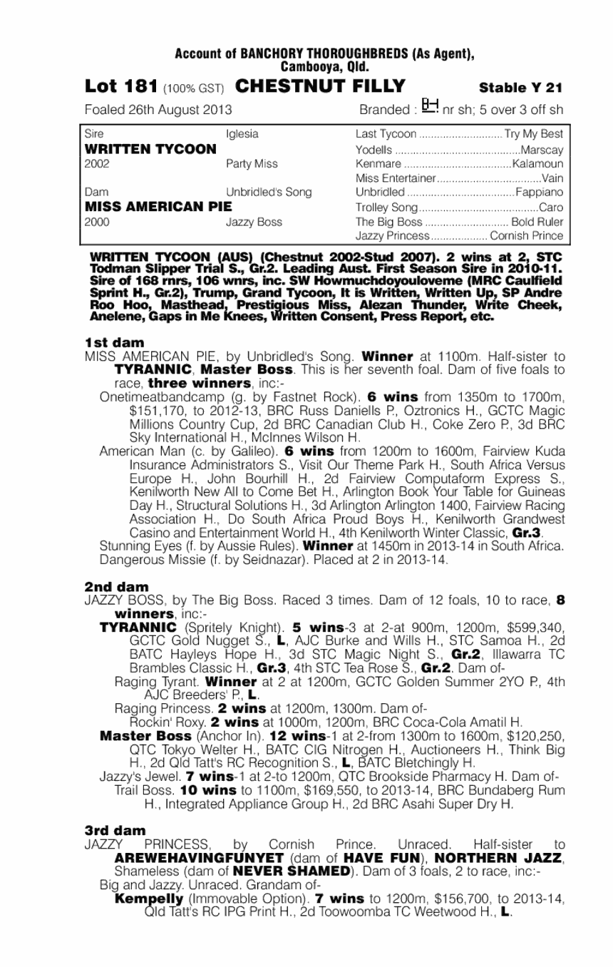 Written Tycoon (AUS) / Miss American Pie (AUS) - pedigree