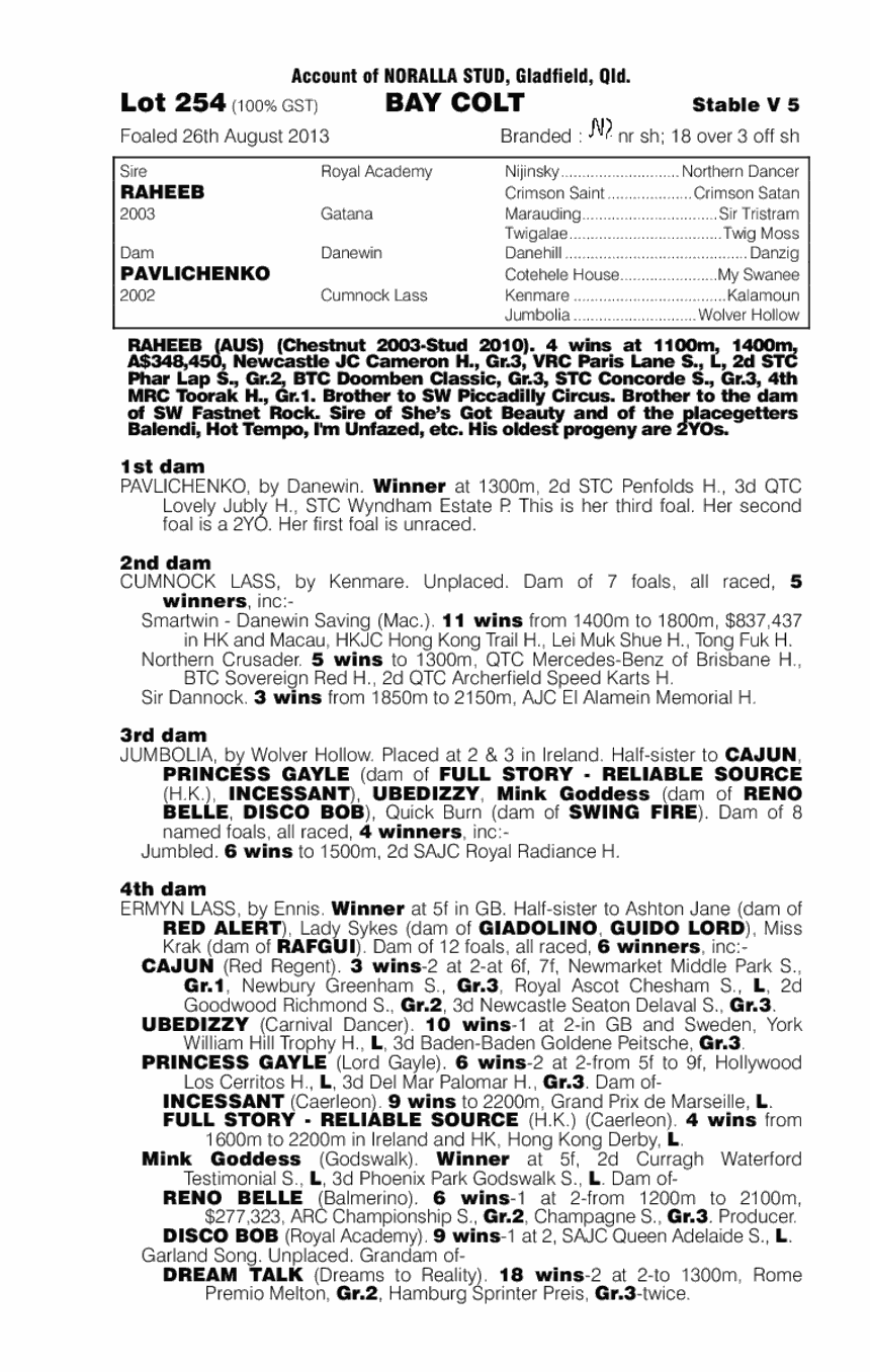 Raheeb (AUS) / Pavlichenko (AUS) - pedigree