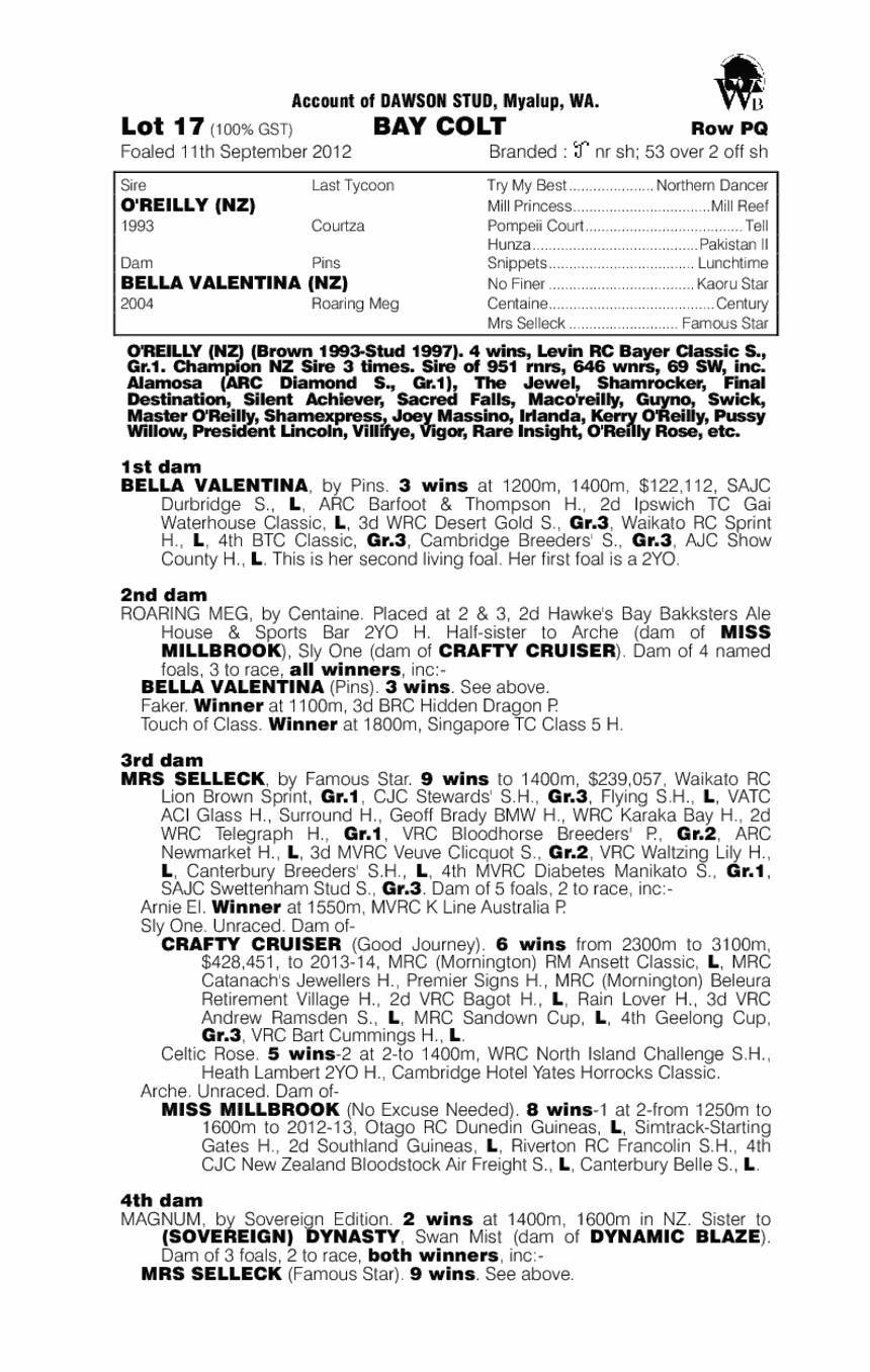 O'Reilly (NZ) / Bella Valentina (NZ) - pedigree