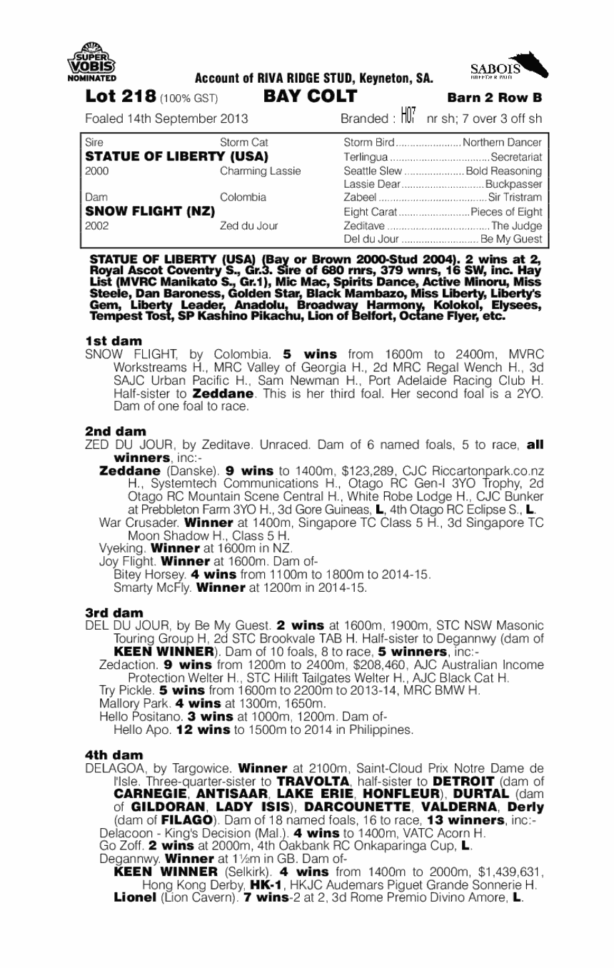 Statue of Liberty (USA) / Snow Flight (NZ) - pedigree
