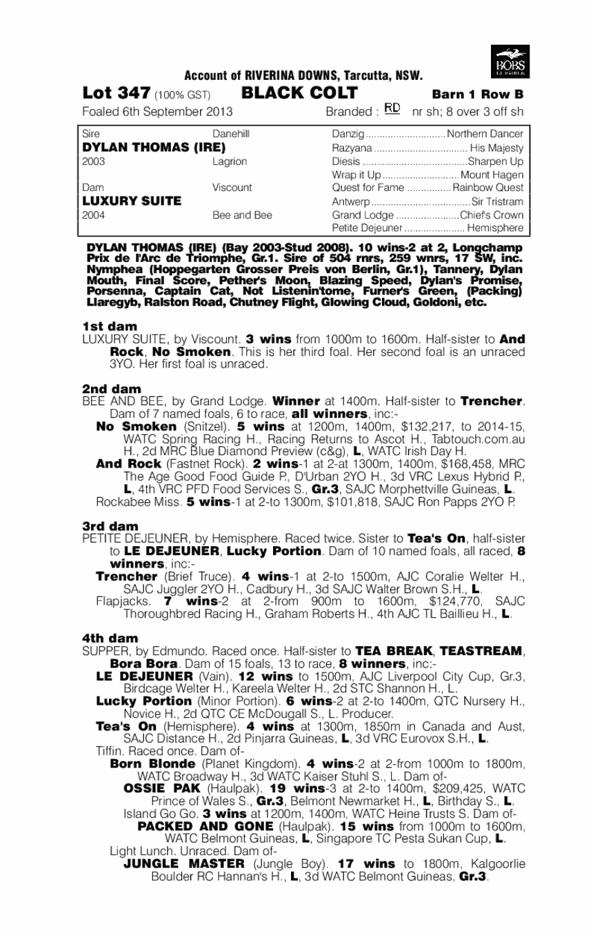Dylan Thomas (IRE) / Luxury Suite (AUS) - pedigree