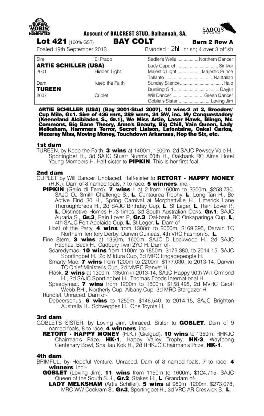 Artie Schiller (USA) / Tureen (AUS) - pedigree