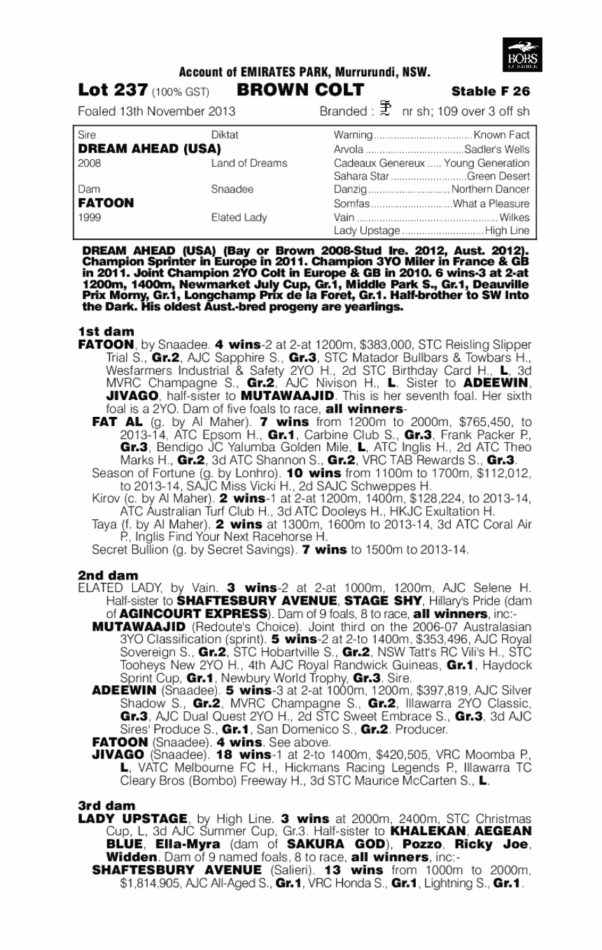 Dream Ahead (USA) / Fatoon (AUS) - pedigree