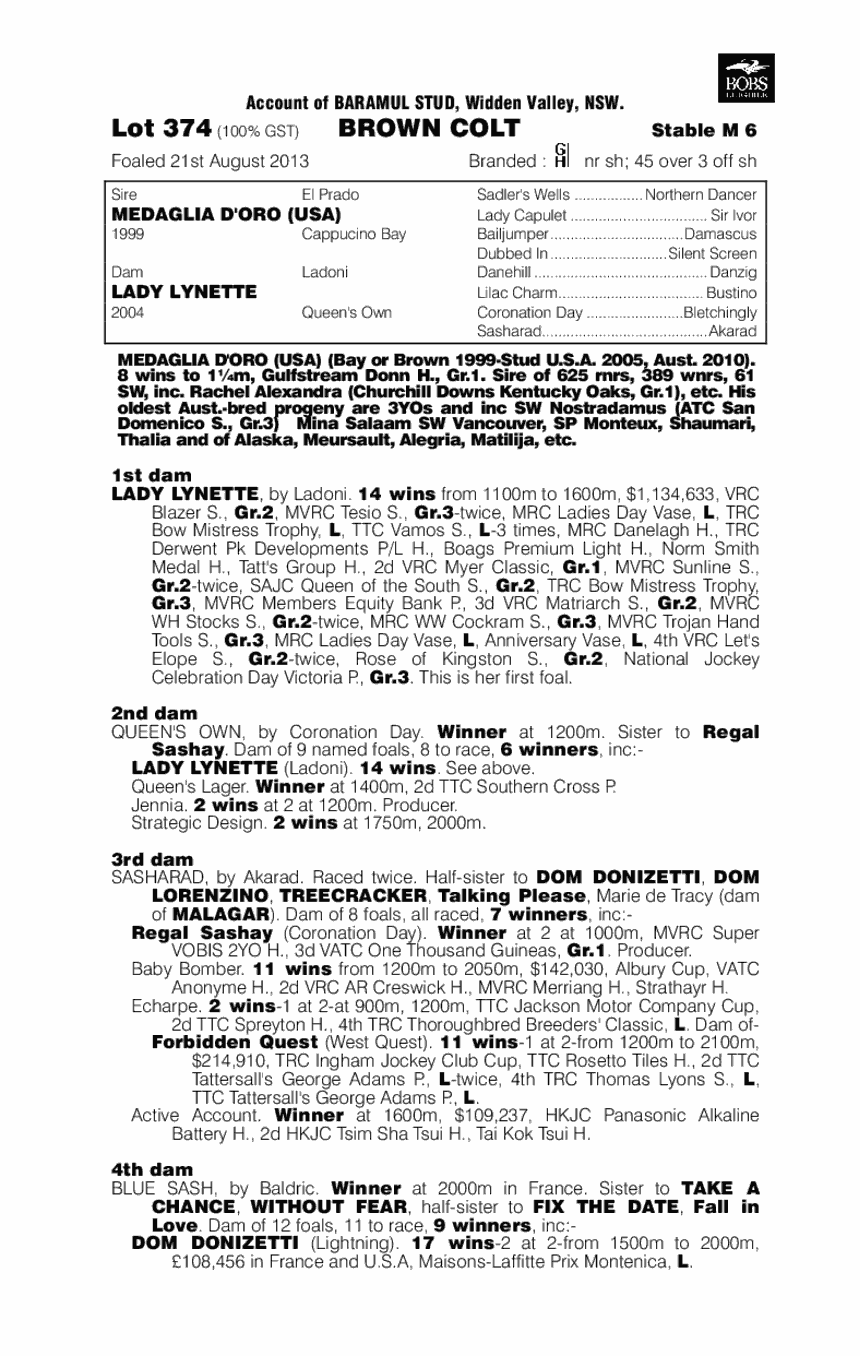 Medaglia d'Oro (USA) / Lady Lynette (AUS) - pedigree