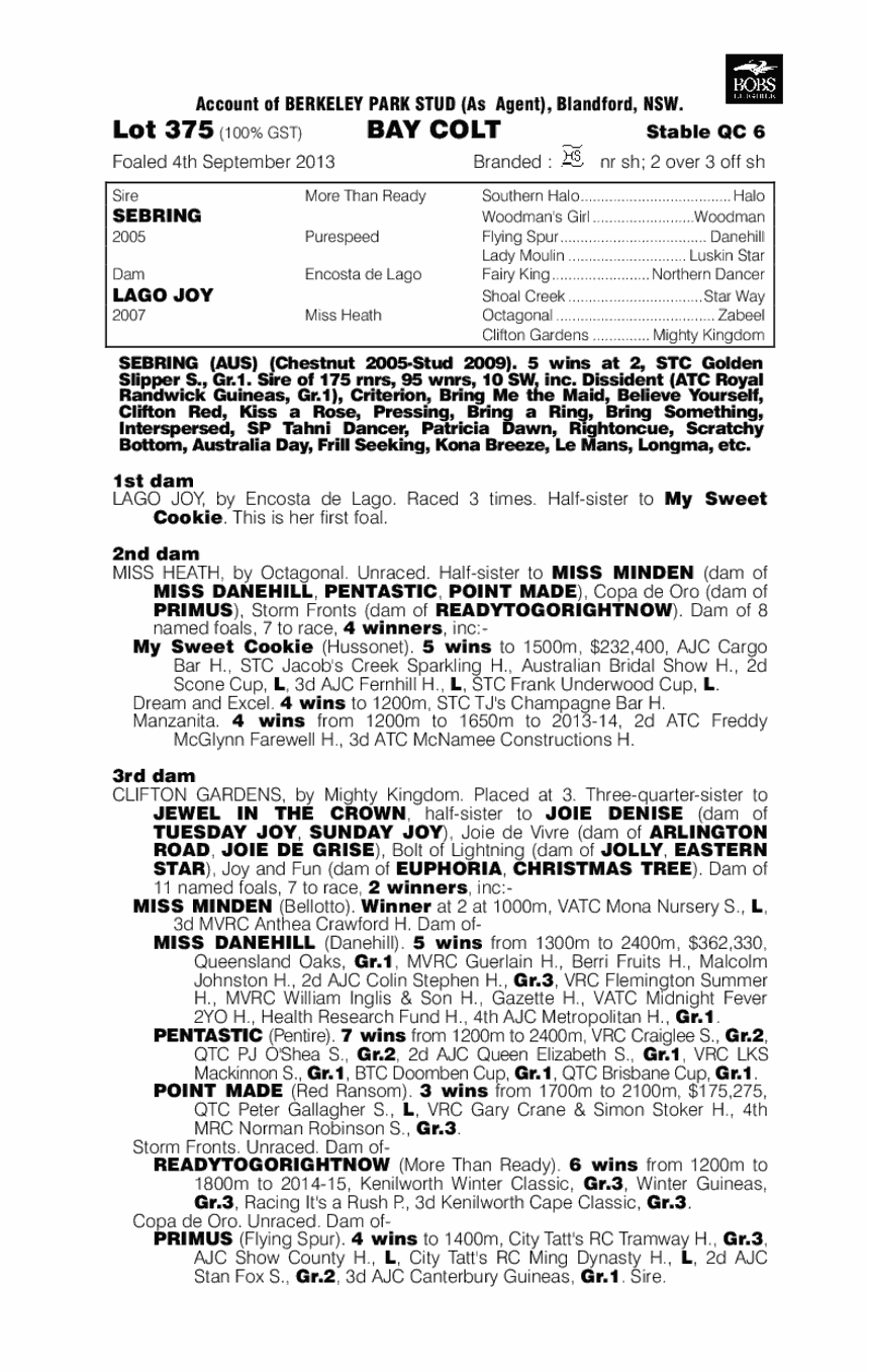 Sebring (AUS) / Lago Joy (AUS) - pedigree