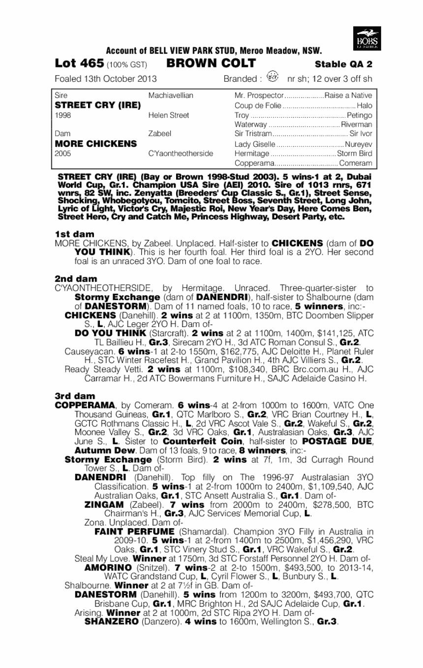 Street Cry (IRE) / More Chickens (AUS) - pedigree