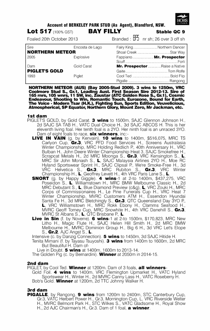 Northern Meteor (AUS) / Piglet's Gold (AUS) - pedigree