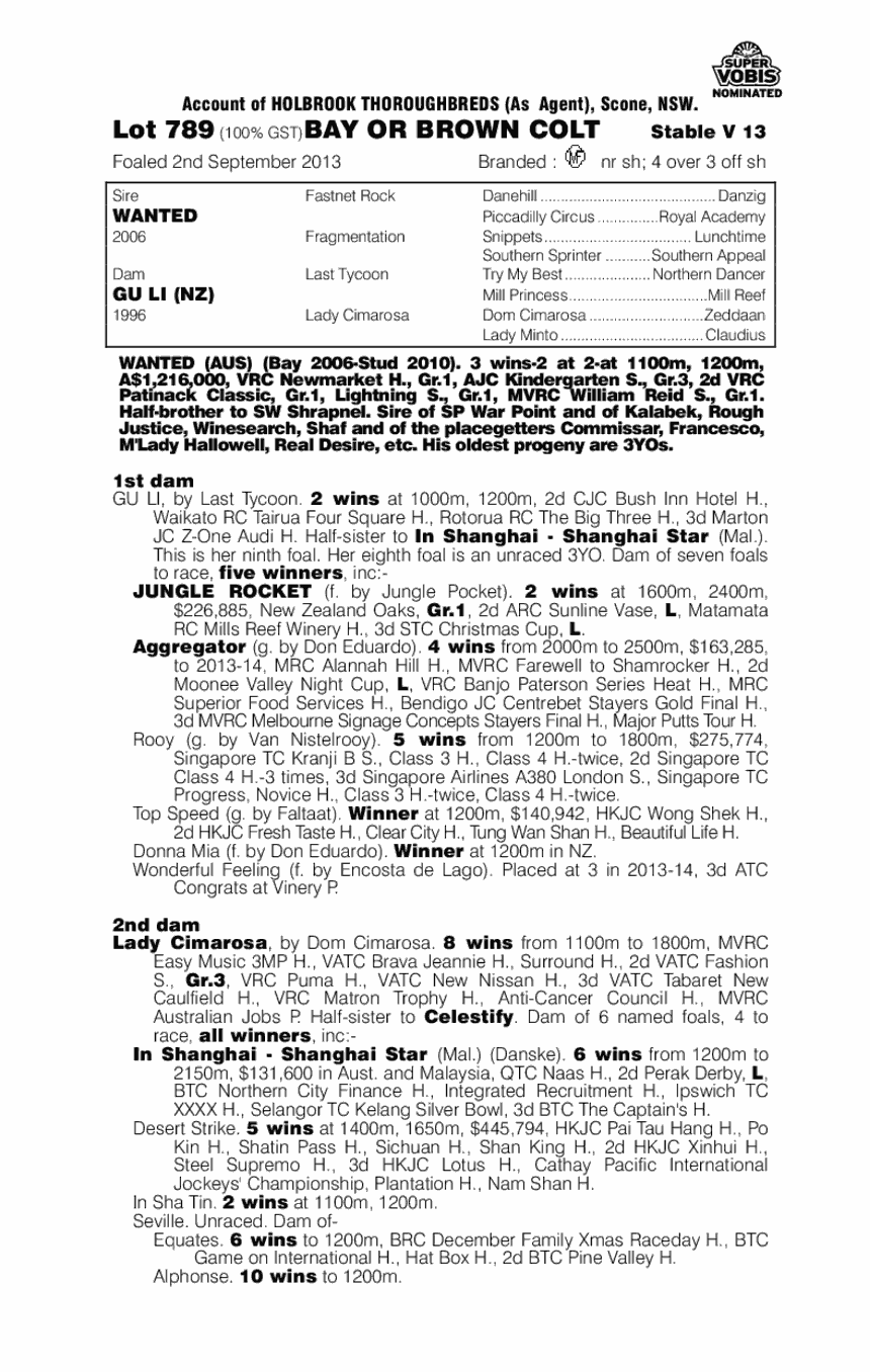 Wanted (AUS) / Gu Li (NZ) - pedigree