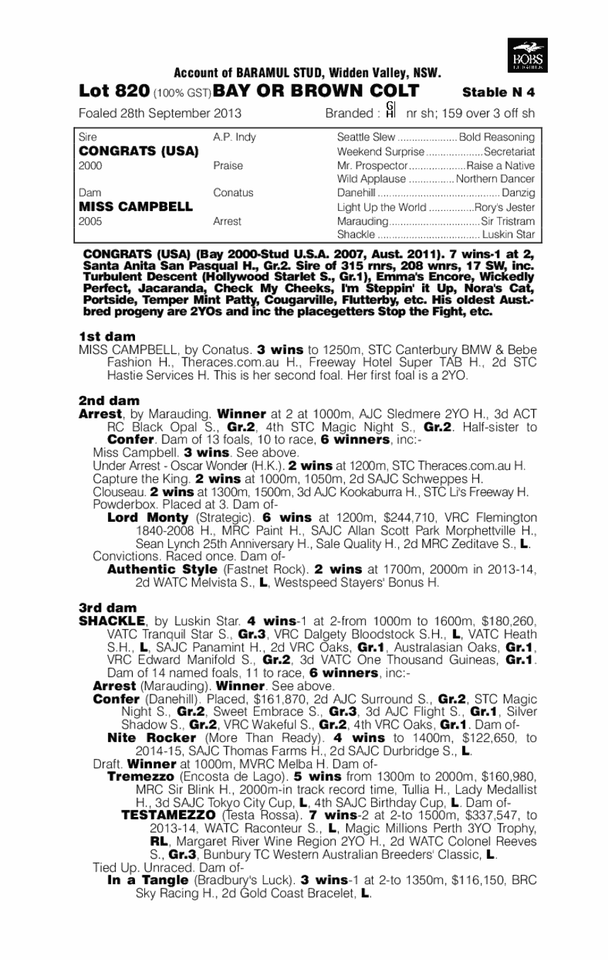 Congrats (USA) / Miss Campbell (AUS) - pedigree