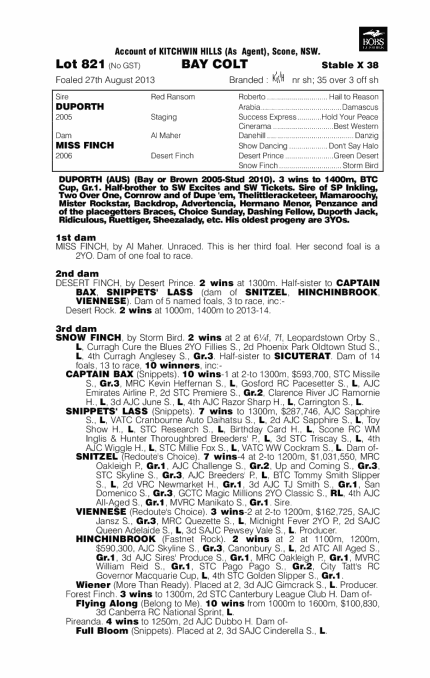 Duporth (AUS) / Miss Finch (AUS) - pedigree