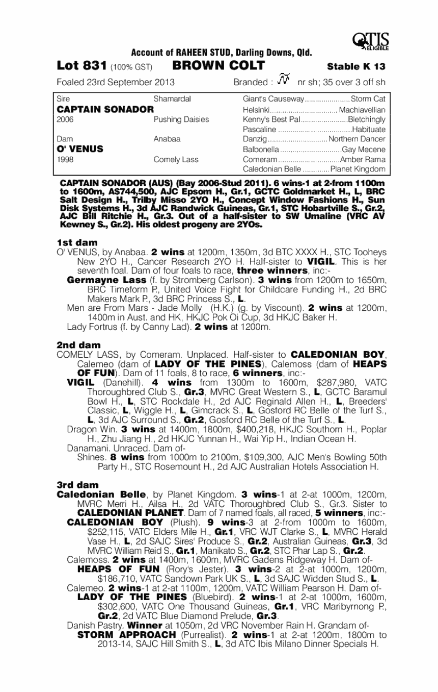 Captain Sonador (AUS) / O' Venus (AUS) - pedigree
