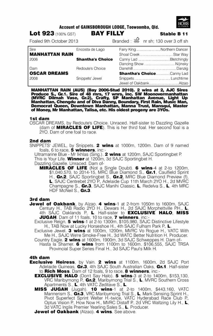 Manhattan Rain (AUS) / Oscar Dreams (AUS) - pedigree