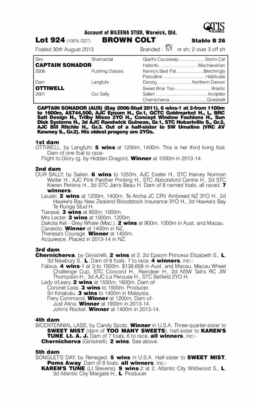Captain Sonador (AUS) / Ottiwell (AUS) - pedigree