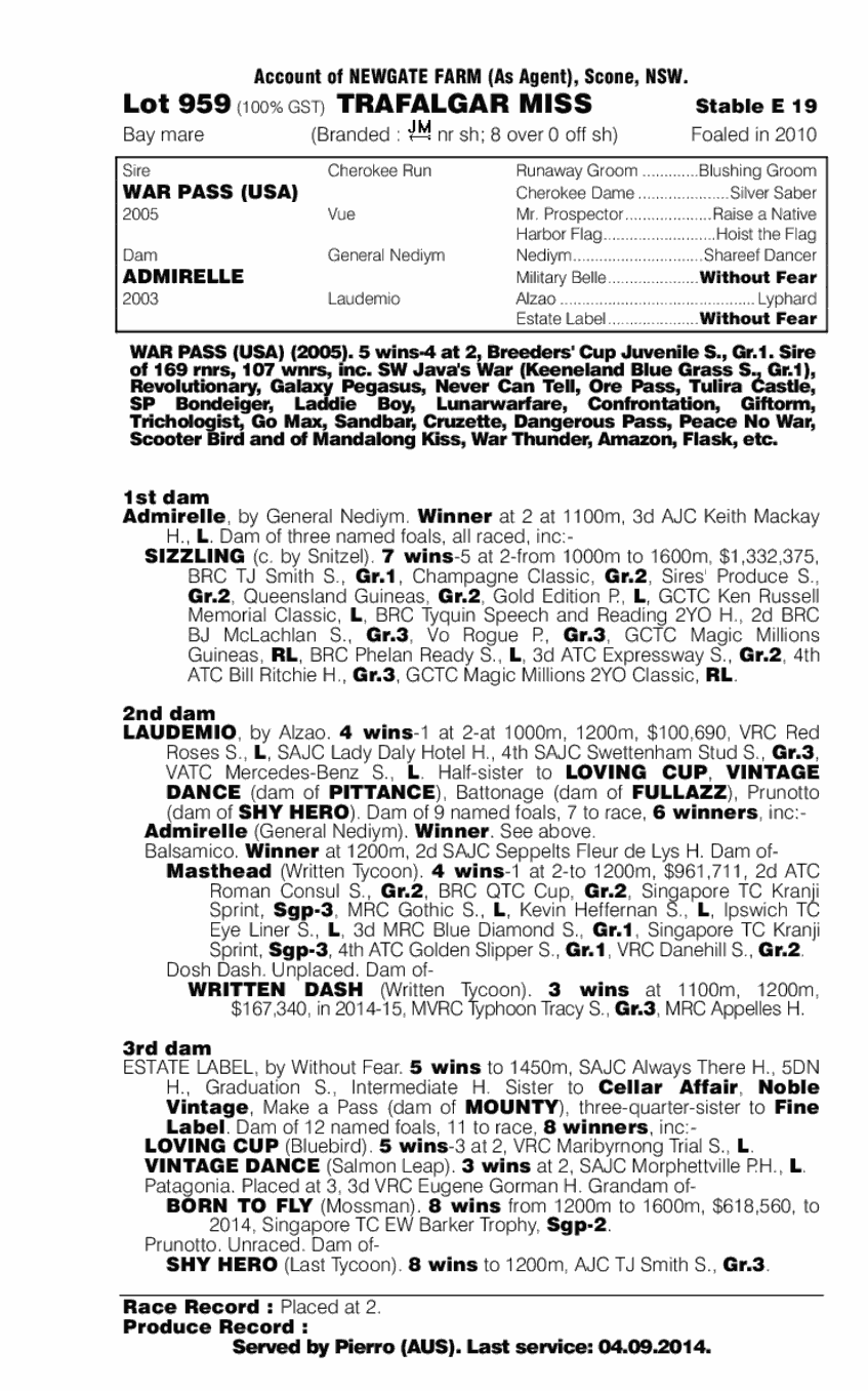 Trafalgar Miss (AUS) - pedigree