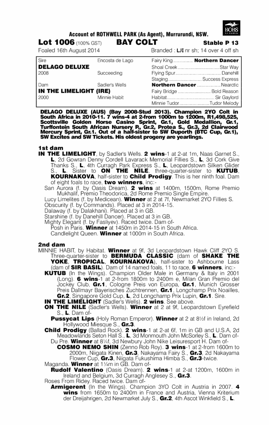 Delago Deluxe (AUS) / In the Limelight (IRE) - pedigree