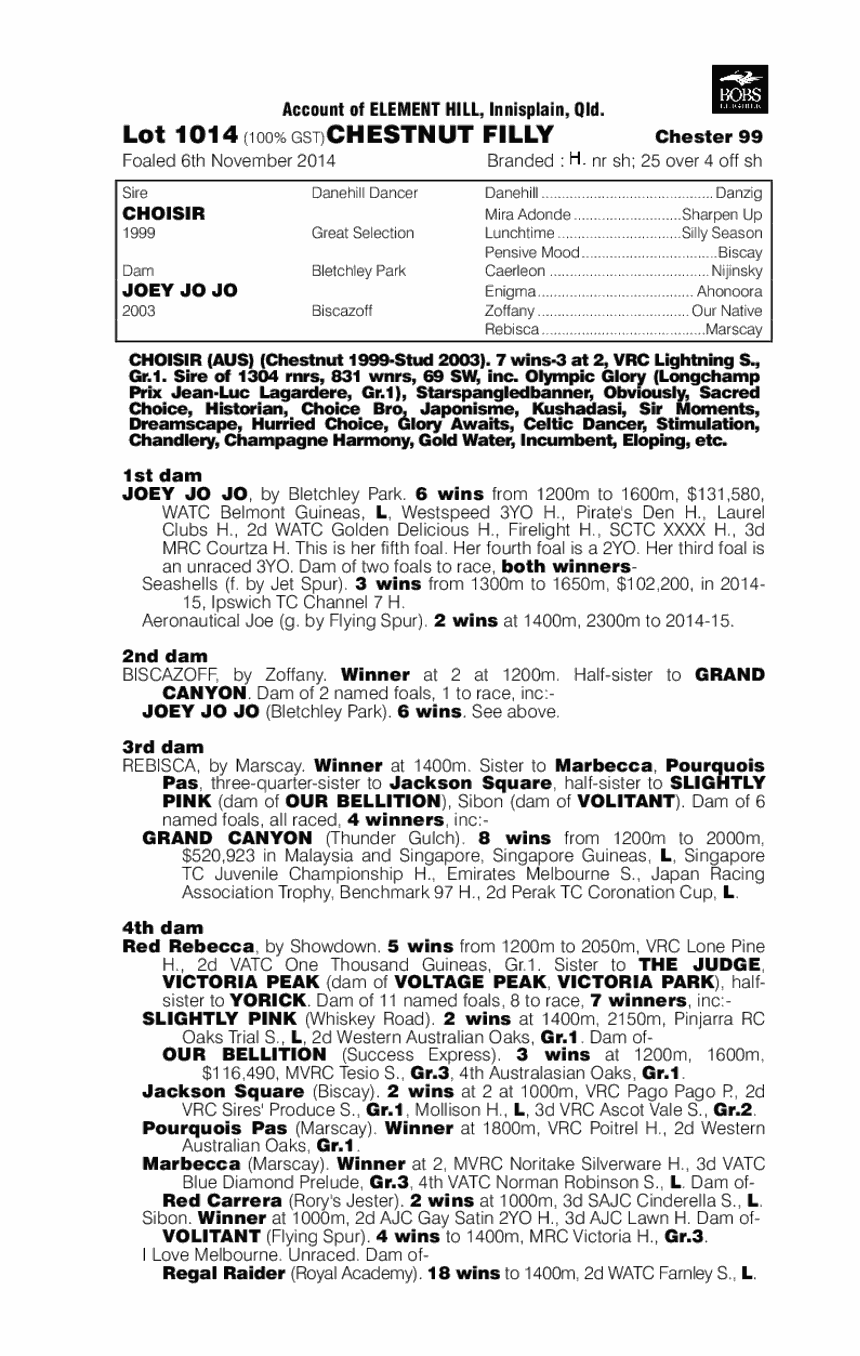 Choisir (AUS) / Joey Jo Jo (AUS) - pedigree