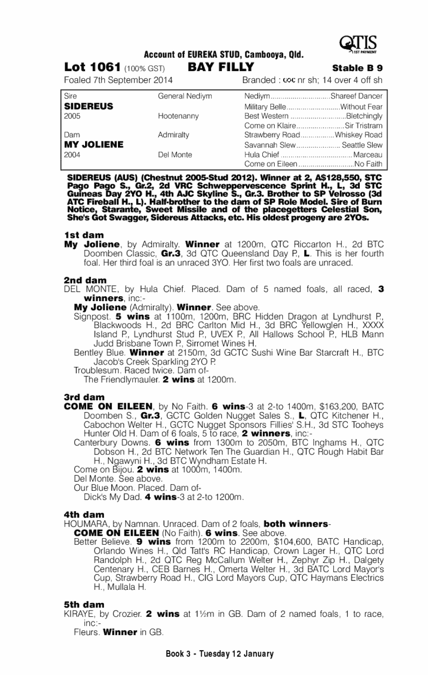 Sidereus (AUS) / My Joliene (AUS) - pedigree