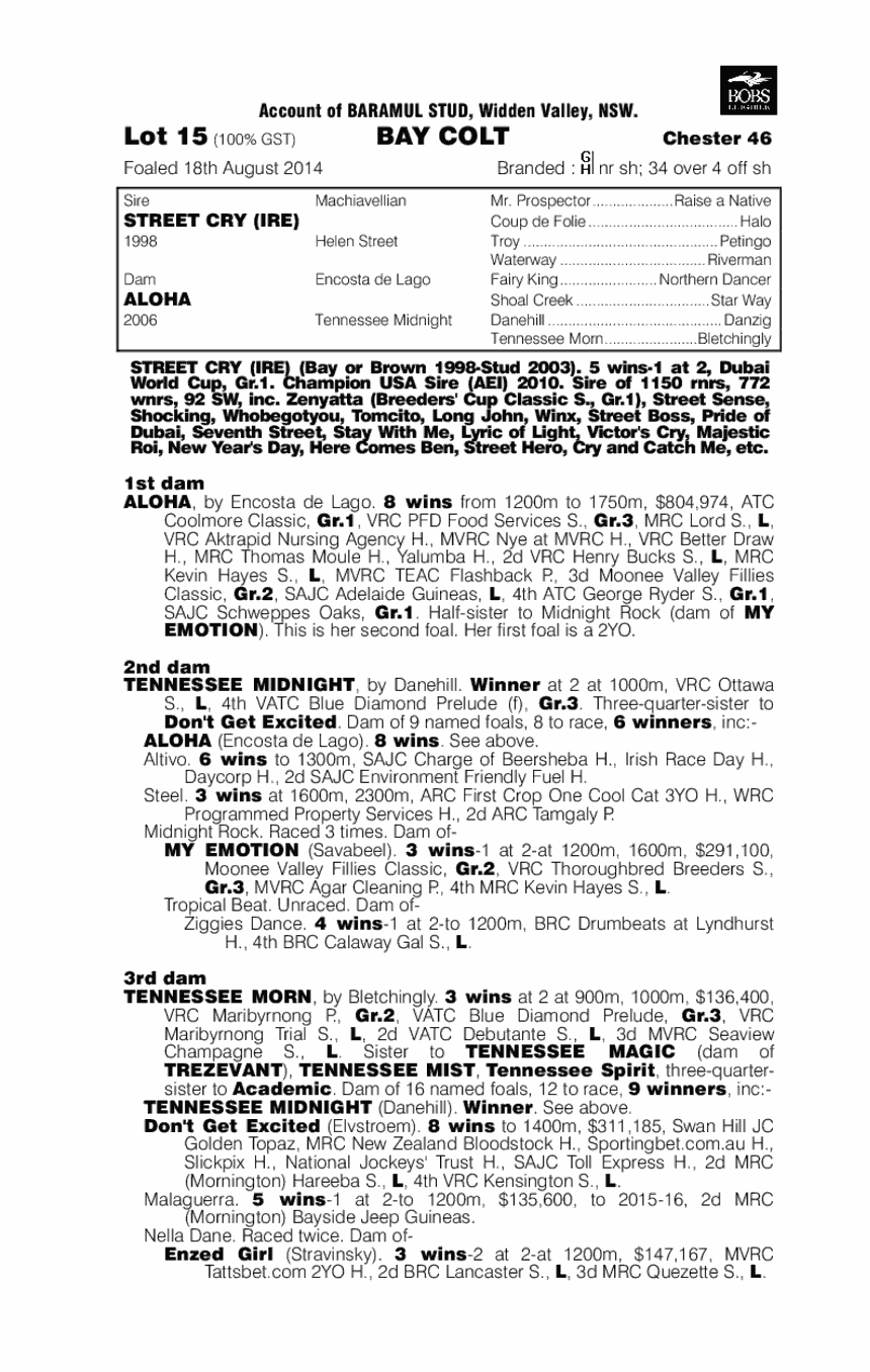 Street Cry (IRE) / Aloha (AUS) - pedigree