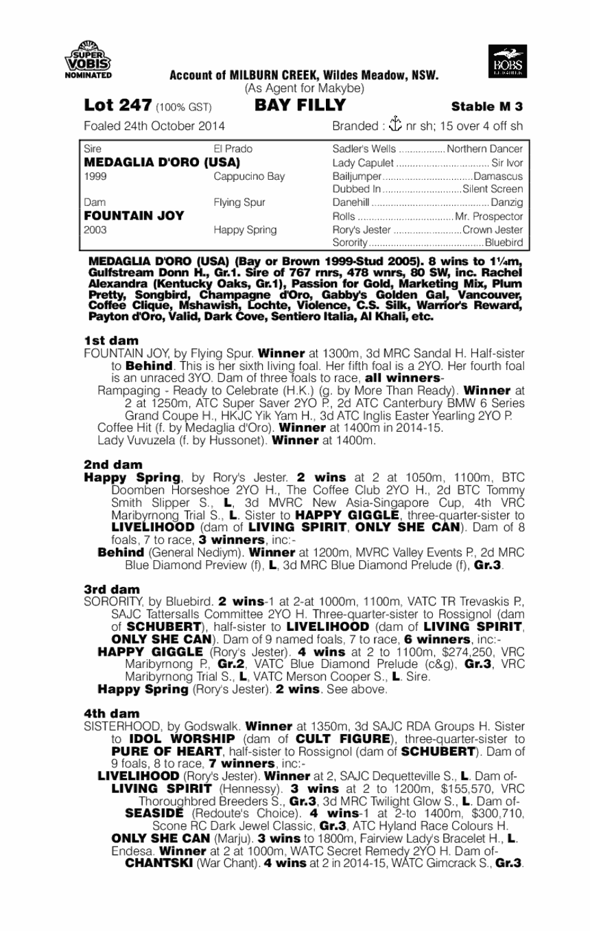 Medaglia D'oro (USA) / Fountain Joy (AUS) - pedigree