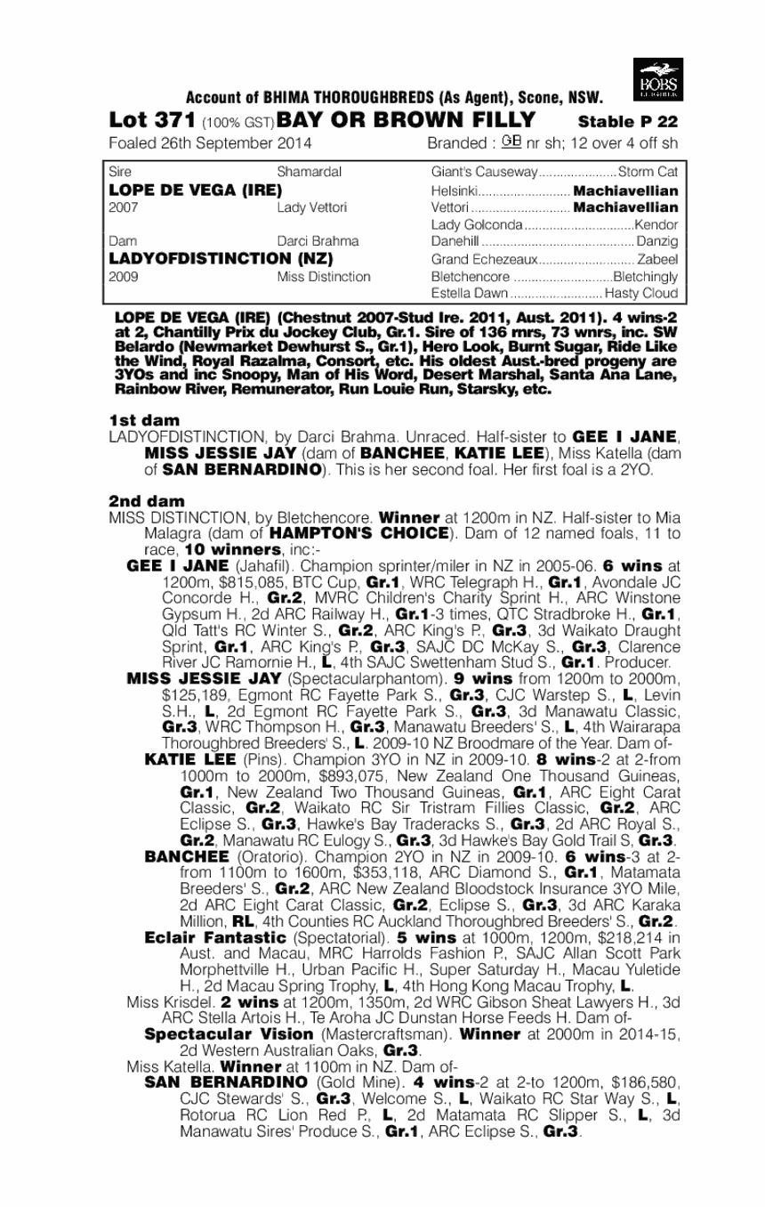 Lope De Vega (IRE) / Ladyofdistinction (NZ) - pedigree