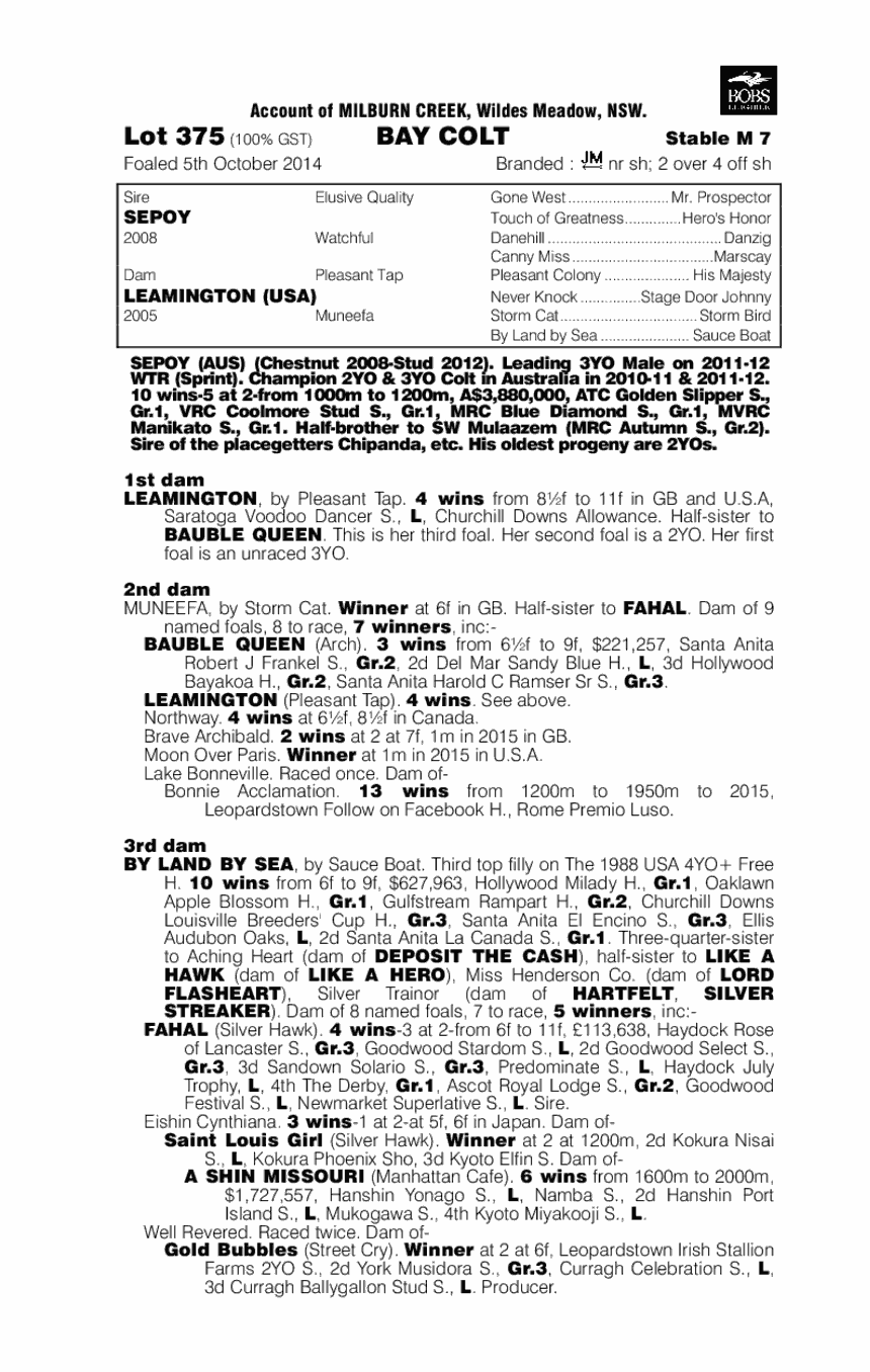 Sepoy (AUS) / Leamington (USA) - pedigree